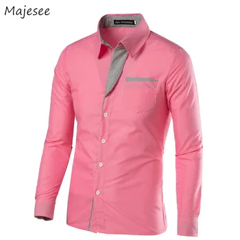 

Pink Shirt Men Long Sleeve Autumn Solid All Match Clothes 4XL Mens Shirts Casual Slim Fit Plus Size High Quality Novelty Chic