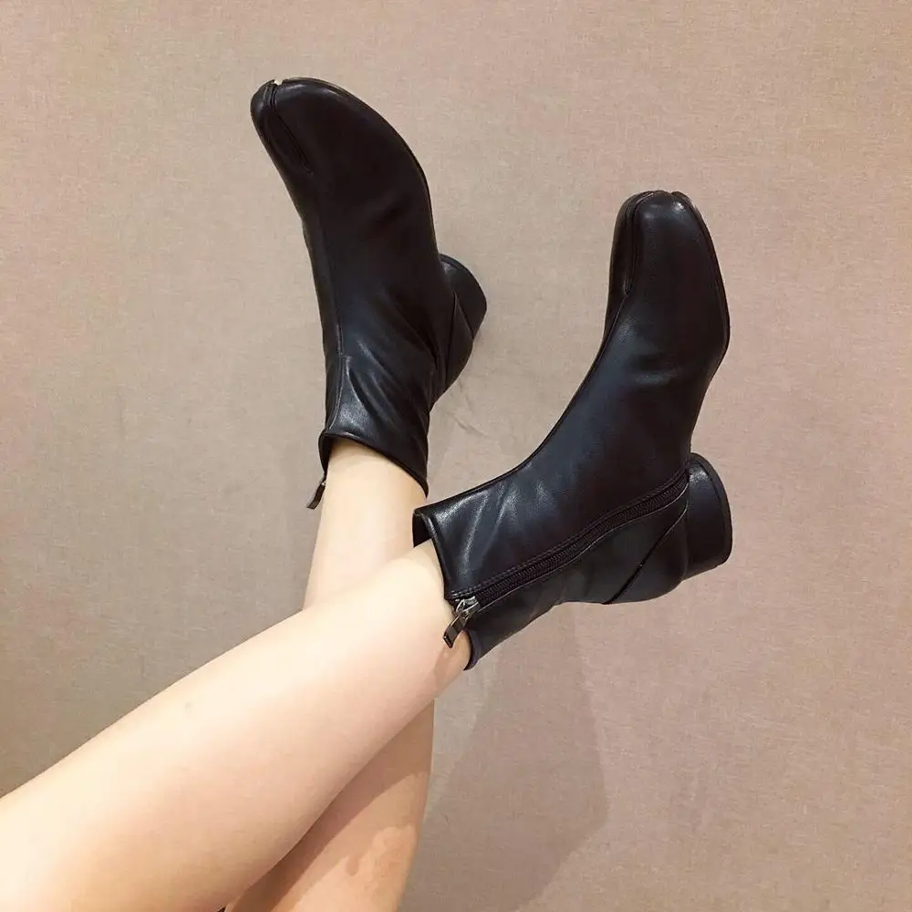 

designer clip toe tabi ninja short botas brief solid sewing zip split toe winter boots trendy chunky chelsea booties women shoes