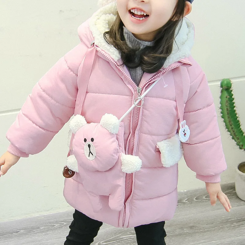 

2018 Winter New Style Girls Korean-style Long down Feather Cotton Jacket Cartoon Baby Girls Warm Cotton-padded Jacket Send bear