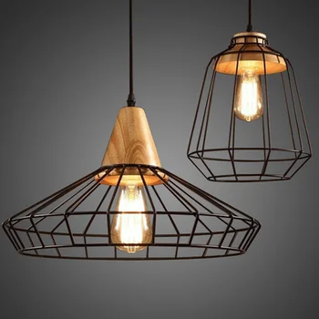 

Vintage Wrought Iron Led Pendant Light Wooden Loft Hanging Cage Lamp Bar Cafe Dining Room Suspension Luminaire Retro Nordic E27