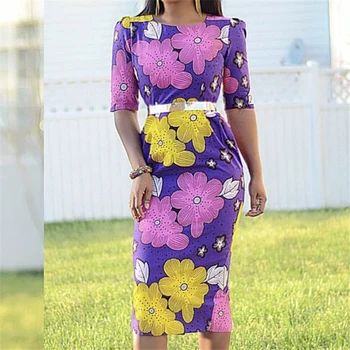 

Women Purple Printed Bodycon Dress Short Sleeves Office Ladies Work Wear Slim Femme Vestido Modest African Large Size Lady Robes