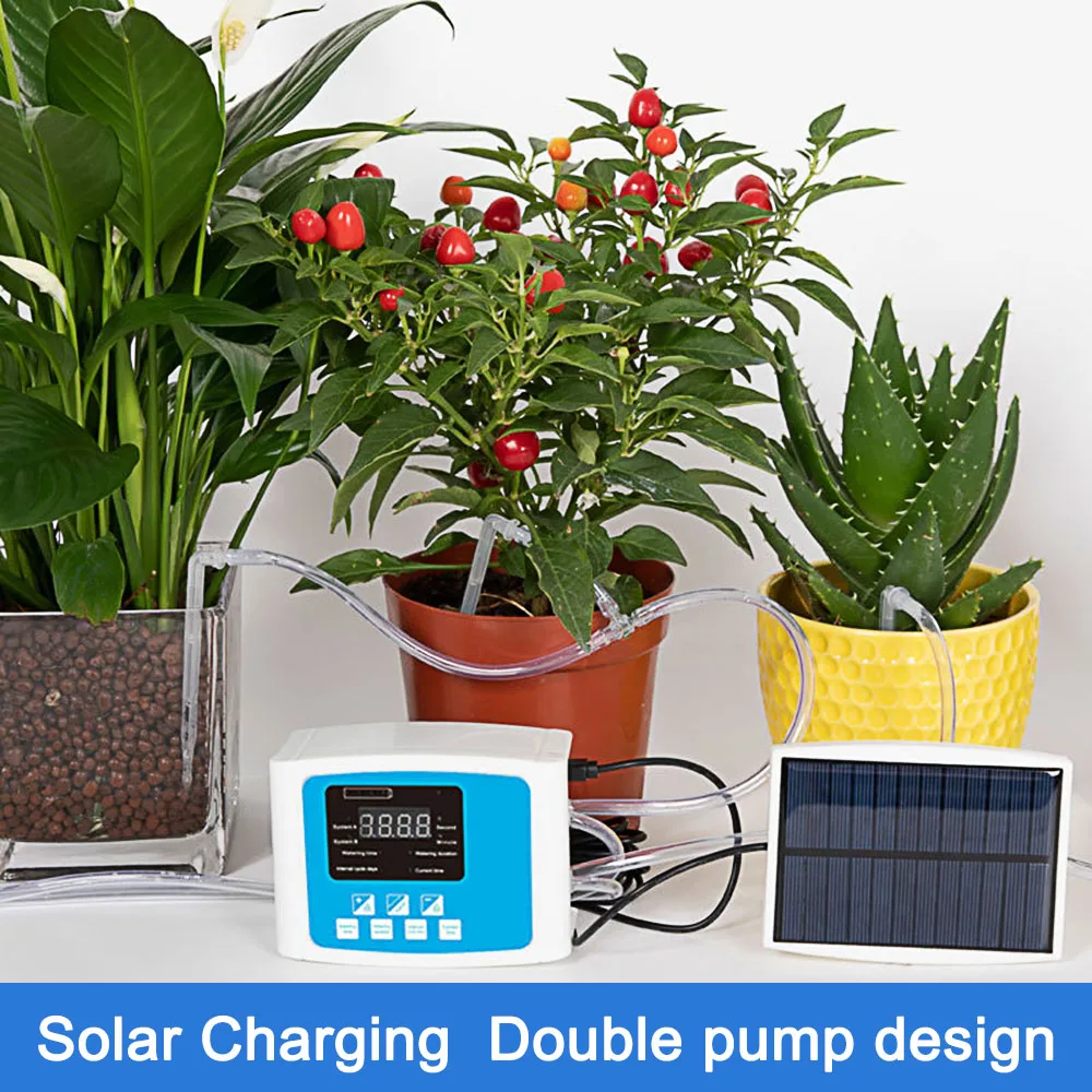

Solar Energy USB Charging Voice Prompts Drip Irrigation System Garden Self-Watering Kit Double Pump Automatic Watering Device
