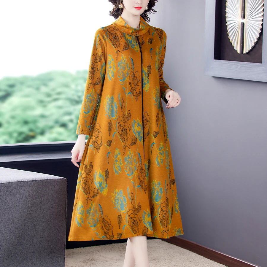 

2023 Spring Vintage Print Dress Autumn Casual Long Sleeve Knitting Midi Dress Elegant Women Bodycon Party Evening Vestidos