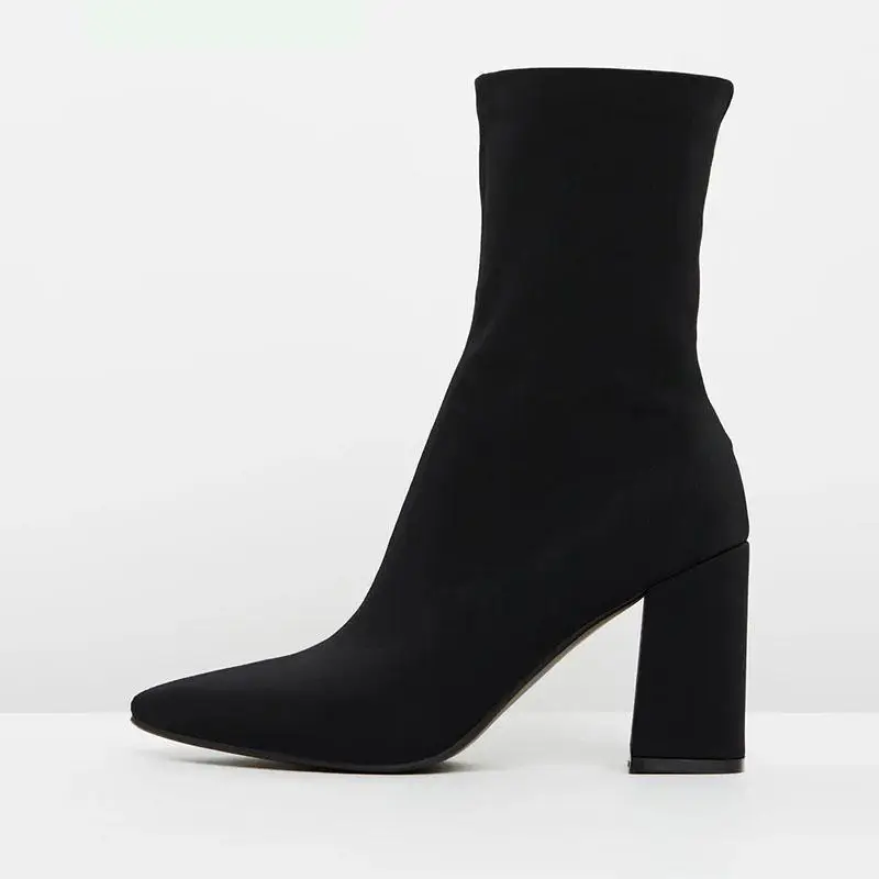 

Topwomen Fabric Women Adult Boots Ladies Shoes Ankle Slip-on Pointed Toe Super High Square heels Mature Concise 2019