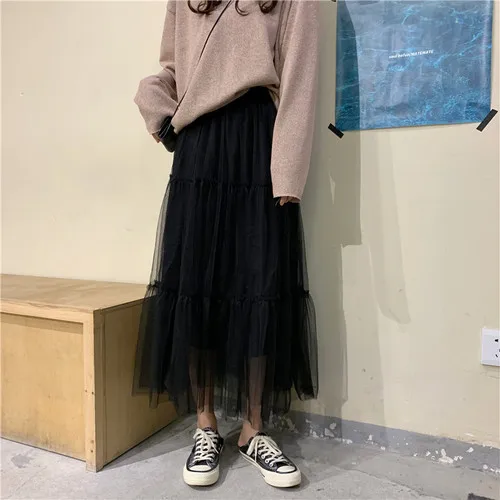 Корейский стиль faldas mujer moda empire, до середины икры, Лоскутная Сетка, милая стильная Осенняя Женская одежда, юбки, blusas mujer de moda, женская одежда - Цвет: Черный
