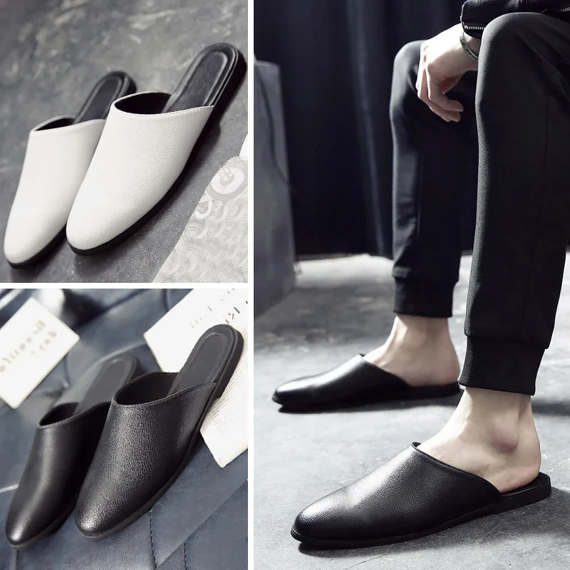 

Ban tuo xie Men Shoes Summer No Heel Pointed-Toe Leather Shoes Closed-toe Lazy Casual Leather Slippers Men's chao tuo Moccosins