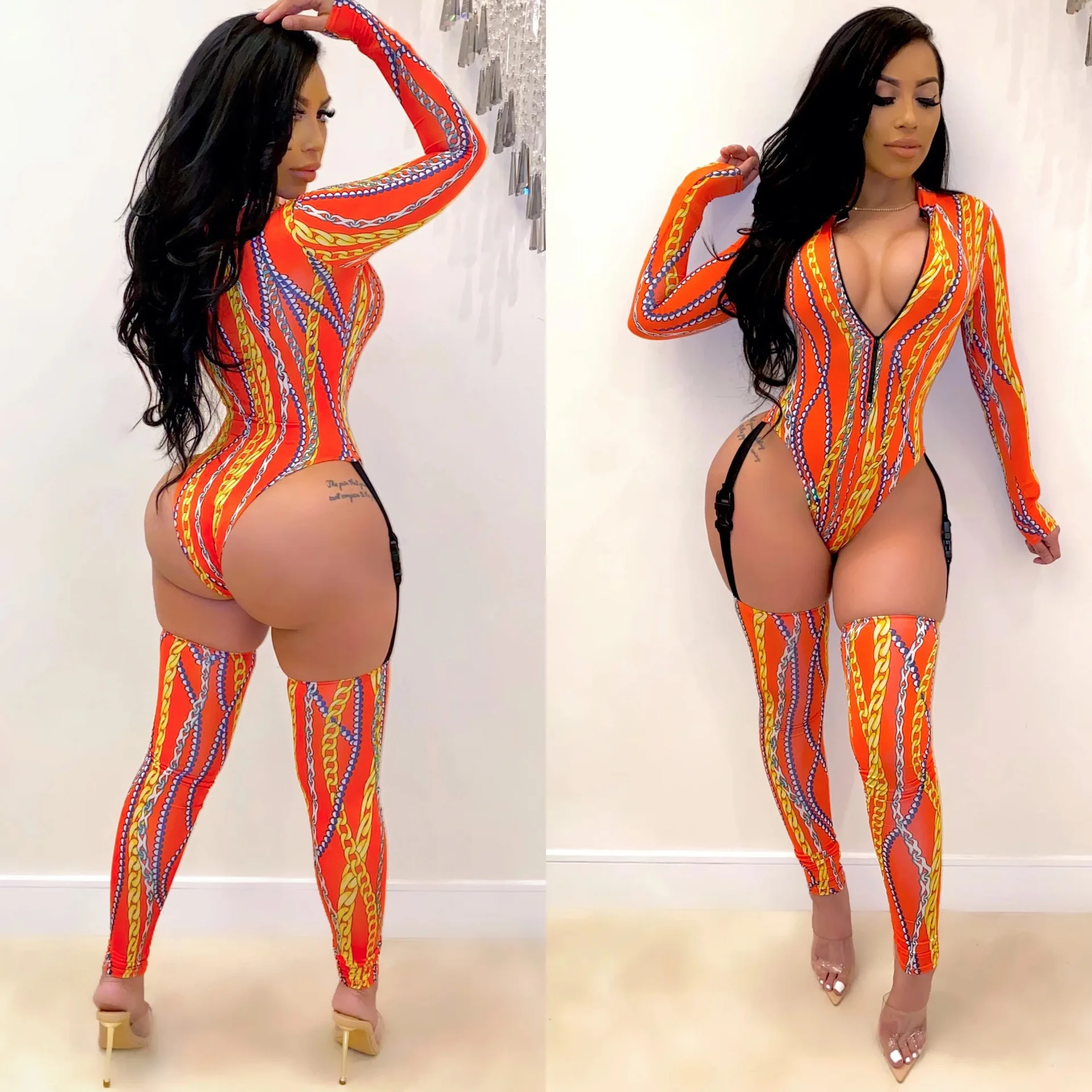 

Autumn Fashion Club Sexy Chain Print Zipper Buckle Webbing Long-sleeve Women Sexy Jumpsuit