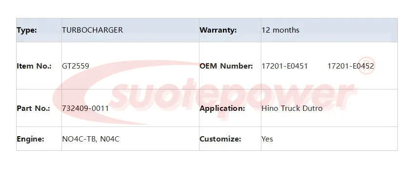 Suotepower Турбокомпрессор GT2559 732409-0011 17201-E0451 17201-E0452 для Hino грузовик Dutro двигатель NO4C-TB, N04C