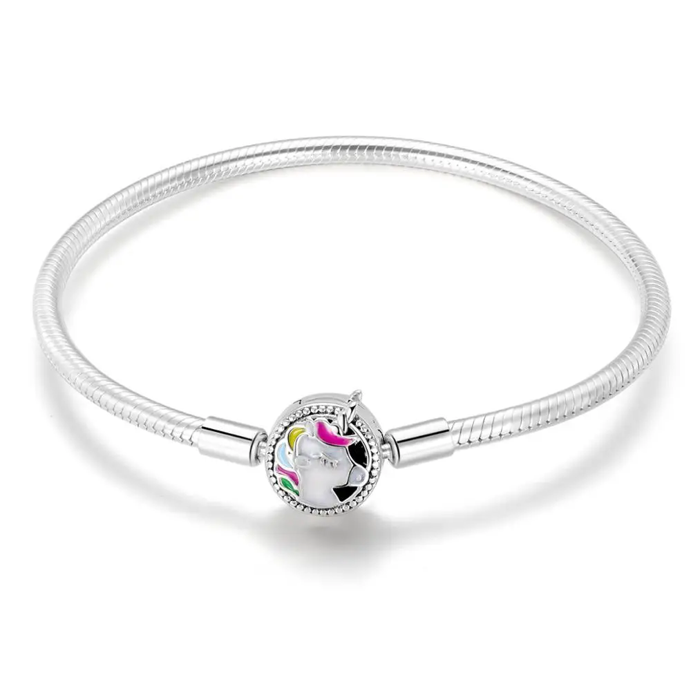 Sterling silver 925 enamel unicorn snake chain bracelet fit Pandora charm woman Bangle wedding silver jewelry gift