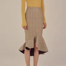 Винтажная клетчатая миди юбка осень зима до середины икры юбка-годе Высокая талия пакет бедра нерегулярные женские юбки
