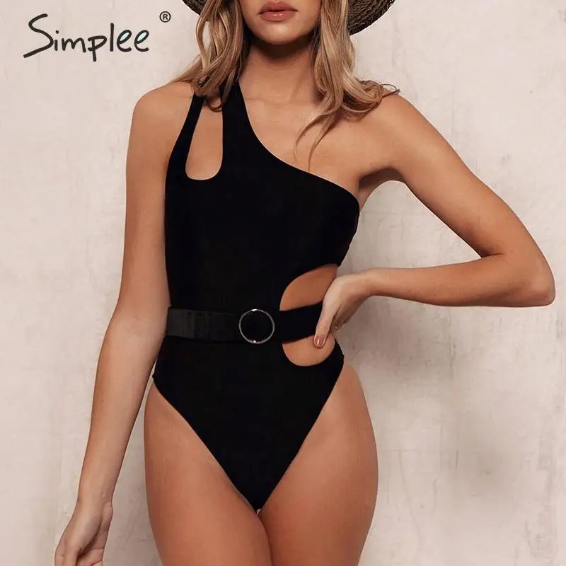 

Simplee Sexy one shoulder bikini Hollow out one piece summer beach bodysuits Belt push up monokini swimwear Bathers bathing suit