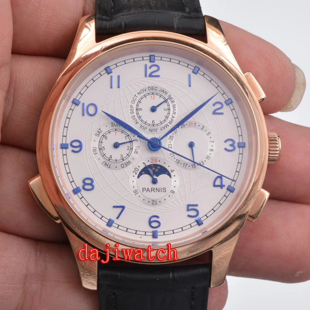 

44MM Parnis Rose gold case White Dial Blue number Automatic mechanical multi-funtion mens WATCH Black leather strap men watch