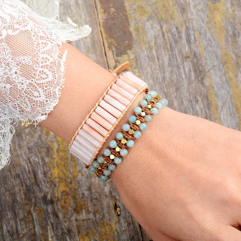 New Bohemia Stone Bracelet Femme Semi Precious Single Leather Wrap Bracelet Beads Statement Bracelet Holiday Jewelry