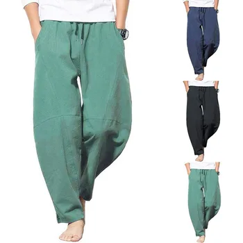 

2020 Male Cotton Linen Joggers Black Men's Pants Harajuku Fitness Lace Up Spring Mens Trousers Summer Streetwear Clothes