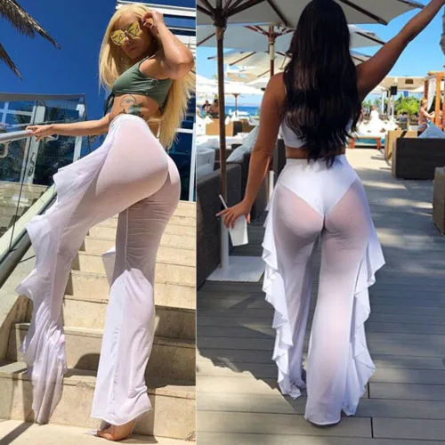 Women Transparent Mesh Ruffle Beach Pants Swimwear Beach Cover up Sheer Trouser Mujer High Waist Mesh Pants