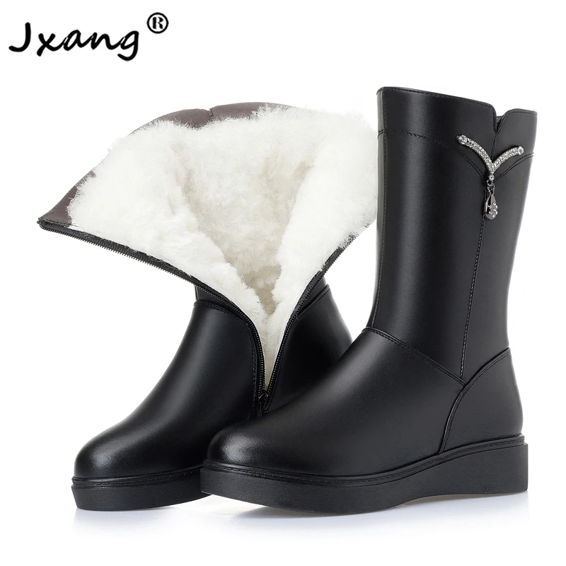 

JXANG Black Booties Big Size 35-43 Winter 2020 New Genuine Leather Female Woman Snow Boots Thick Warm Wool Boots Shoes Women