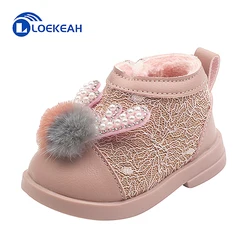 0-1Y Baby Girl Short Boots Plush Warm Winter Toddler Cotton Shoes Cute Elk Pearl Sequins Kids First Walkers Soft Sole Non-slip