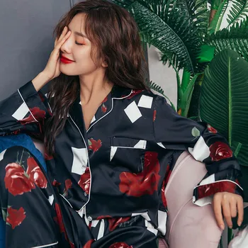 

Women Silk Nightwear Pajama Set Rose Print Clothes For Home Sleepwear Female Long sleeve Lounge Wear High Quality Phoentin FG248