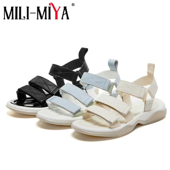 

MILI-MIYA Comfortable Women Cow Leather Sandals Solid Color Hook&Loop Flat Heels Casual Street Summer Shoes Plus Size 35-42