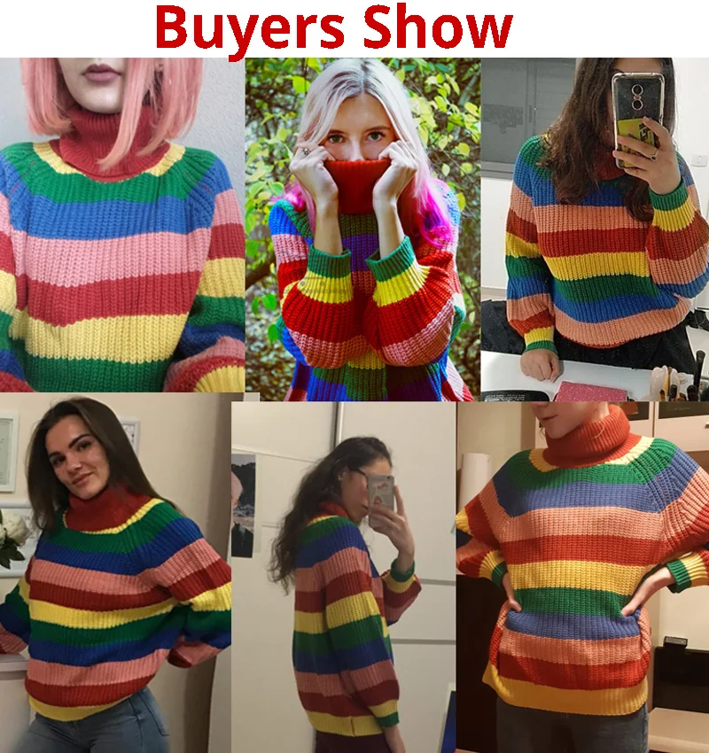 Tanie Rainbow kolorowy pasek sweter kobiet swetry w stylu casual jesień moda sweter z golfem luźne swetry Jumper Pull Femme