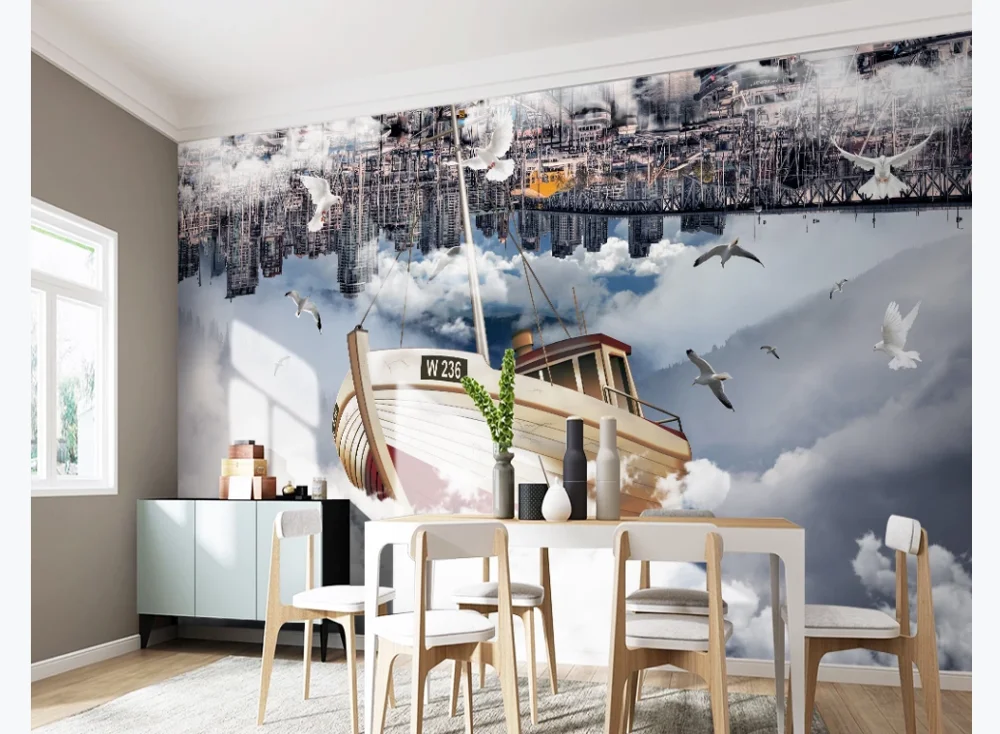 Custom 3D photo wallpaper mural city building sailboat cloud sky creative painting background wall painting postcard city night scene scratching drawing paper small colorful scratch painting set creative birthday gift