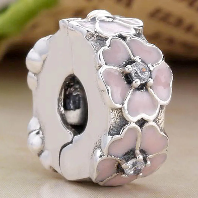 

Original Crystal Pink Enamel Primrose Clip Stopper Bead Fit 925 Sterling Silver Bead Charm Pandora Bracelet Diy Jewelry