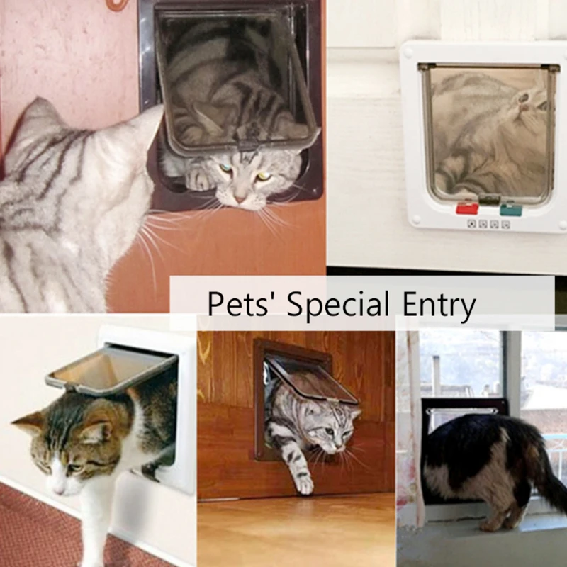 Pet Cat Flap Door with 4Way Security Lock Flap Gate Weatherproof for Dogs Cats Pet Puppy Kitten ABS Plastic Gates Doors Dog Hole