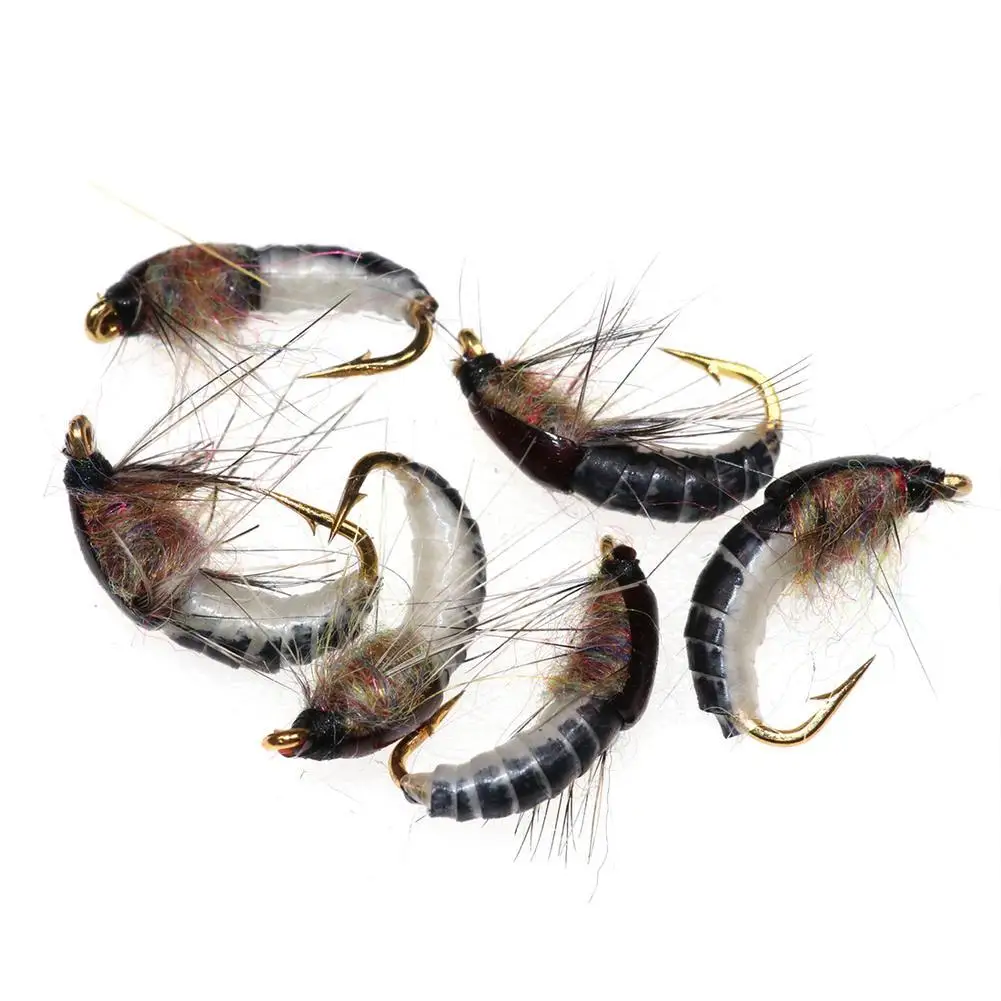 For Bimoo 6PCS #12 Realistic Nymph Scud Fly for Trout Fishing Nymph Artificial Insect Bait Lure Caddis Nymph Fishing Fly tool