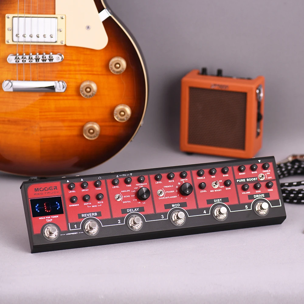 MOOER RED TRUCK 6-in-1 Combined Effect Pedal Boost+ Overdrive+ Distortion+ Modulation+ Delay+ Reverb Built-in Tuner Tap