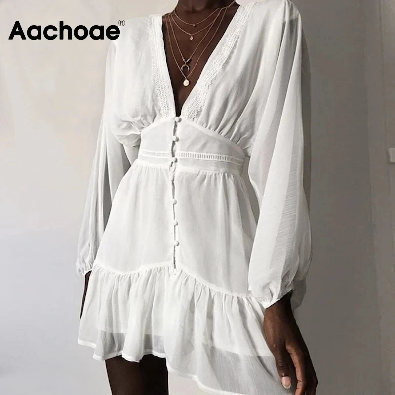 Aachoae Women Sexy Deep V Neck White Lace Ruffle Dress Summer Chiffon Mini Party Dress Ladies Long Sleeve Holiday Beach Dresses Aachoae Women Sexy Deep V Neck White Lace Ruffle Dress Summer Chiffon Mini Party Dress Ladies Long Sleeve Holiday Beach Dresses