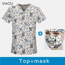 Стоматологическая клиника скрабы Топы мультфильм печать ПЭТ доктор рабочая одежда Топ+ колпачок+ маска больница уход скрабы униформа медицинская Рабочая одежда