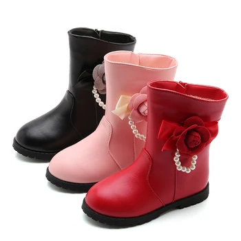 

Girls Boots 2019 Winter Shoes For Girls Kids Baby Children's Flower Pearl Waterproof Leather Shoes Girl Princess Snow Rain Boots