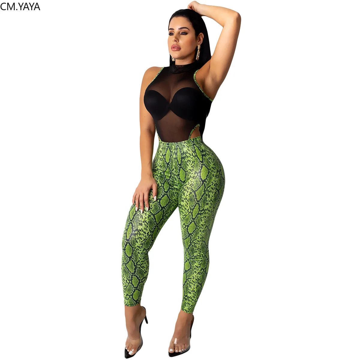 

Autumn Women's set snake skin print mesh see though bodysuit pencil pants suit two piece set sexy club tracksuit outfit GL5086