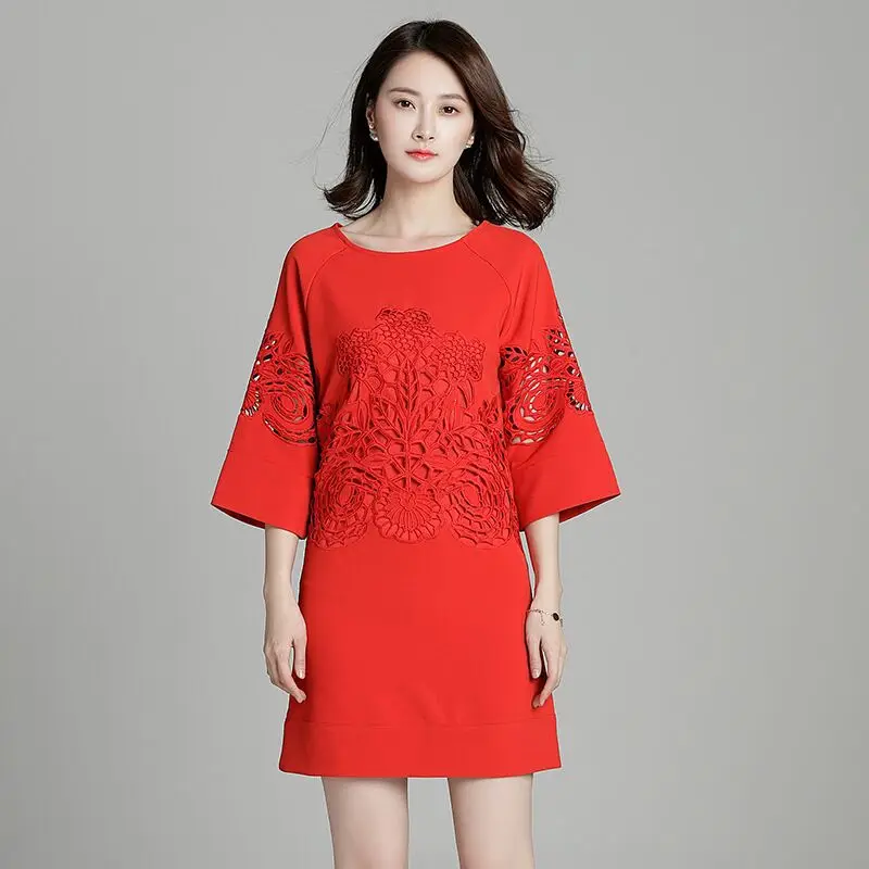 

Red Dress Summer New Style Engagement Back Door Service Short Marriage Bride Formal Dress Embroidered Half-sleeve Shirt Hollow o
