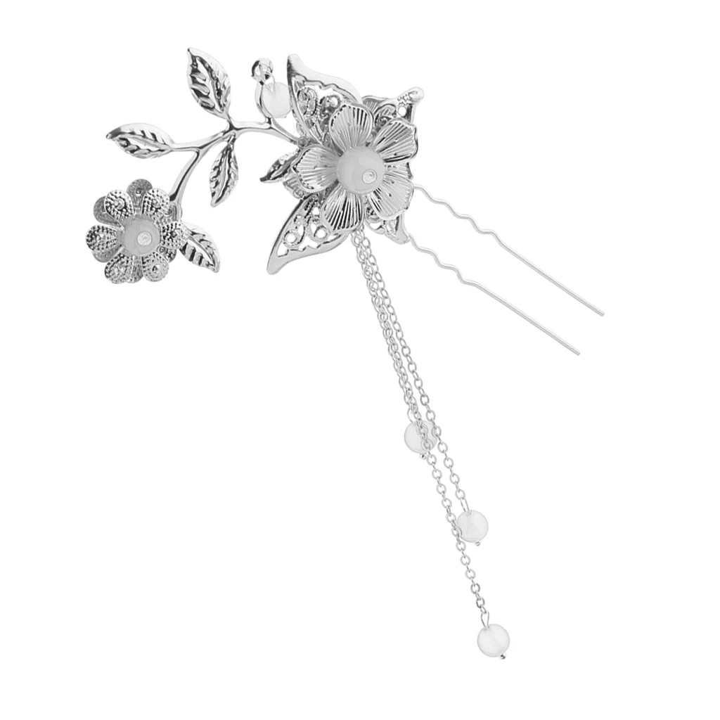 Jade Bead Flower Hairpin Kanzashi Hair clip Classical for Hanfu Kimono Bride