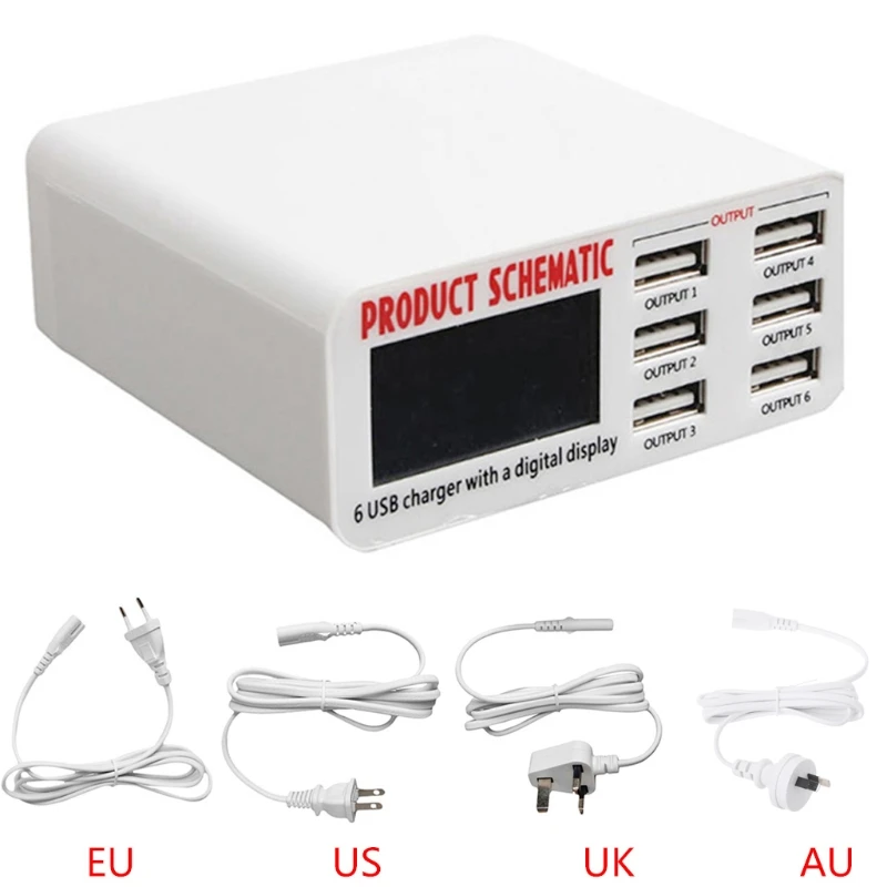 EU/US/UK Plug 6A 6 USB порт быстрое зарядное устройство концентратор настенный адаптер для зарядки ЖК-экран D08A