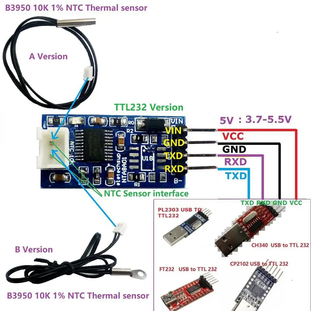 NTA8A01 Module 5V 12V 50CM 10K 3950 NTC A B Temperature Sensor RS485 MODBUS RTU Protocol 2