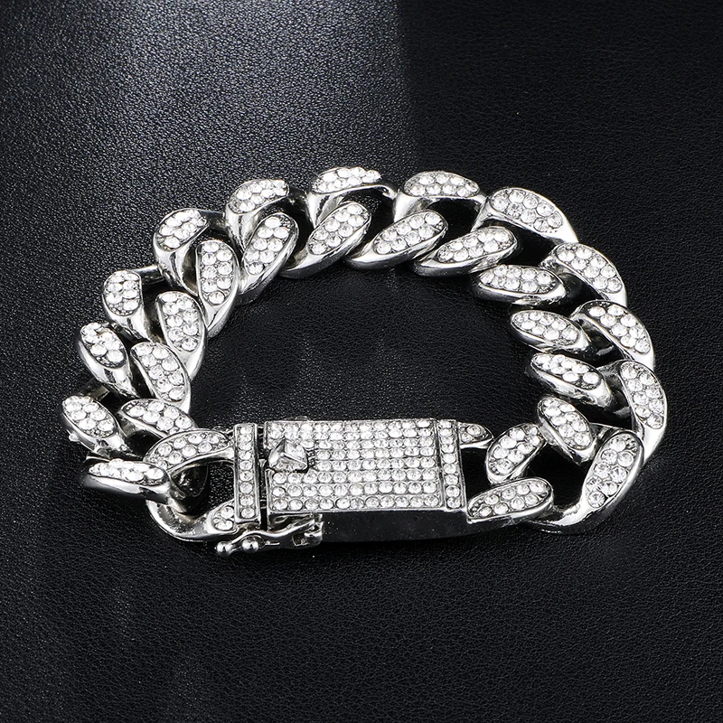 US7 19 мм Bling Тяжелая Майами кубинской цепочка браслет со стразами Полный Стразы Золотой Браслеты для Для мужчин хип-хоп ювелирные изделия