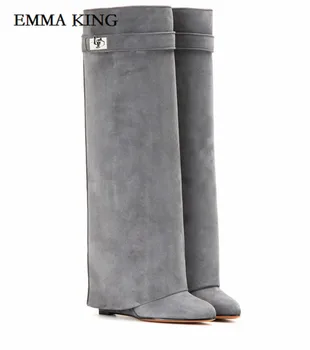 

Women Designer Shark Lock Nude Suede Mid-Calf Boots Belt Strap Embellished Wedge Heel Dress Shoes Women Winter Turn Over Boots