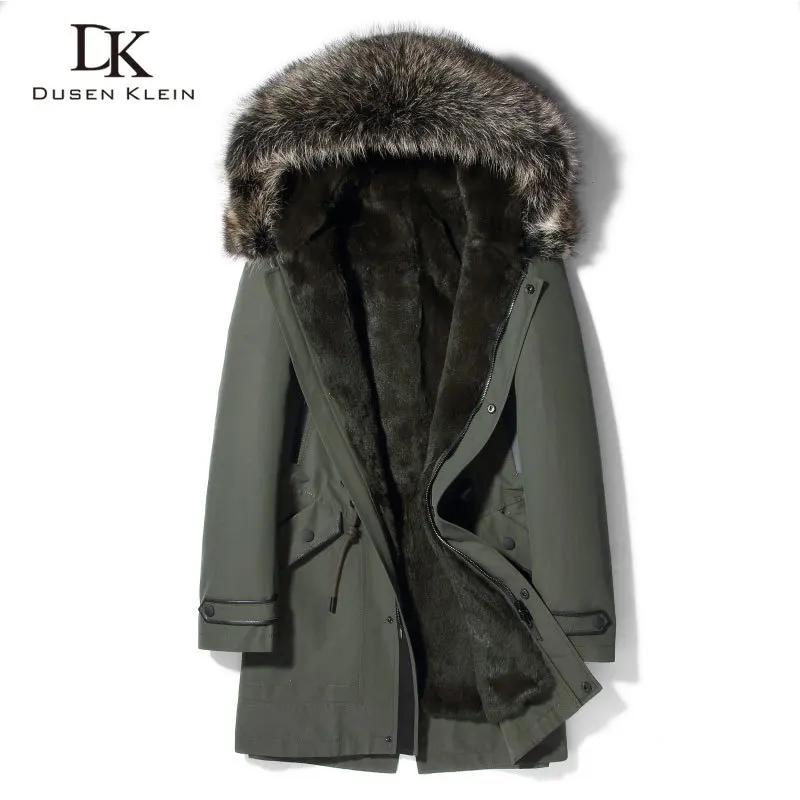 

Dusen Klein Men Warm Winter Coat Real Rabbit Fur Liner Hooded Jacket Thick Outerwear New Luxury Green/Black p82007
