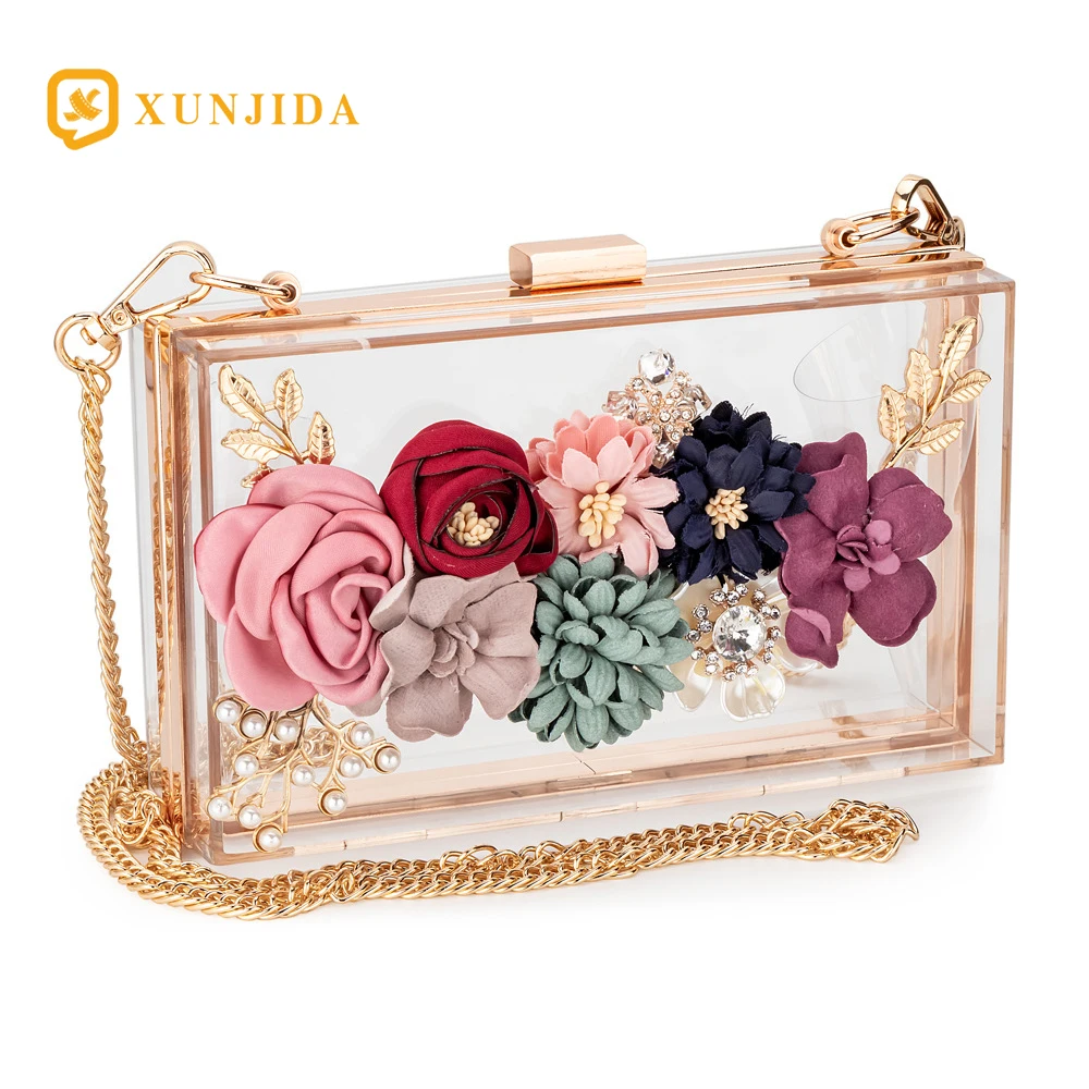 XUNJIDA Women Acrylic Flower Clutches Crossbody Purse Evening Bags Chain Strap For Wedding Prom Banquet Ideal-gift Golden Frame | Багаж и