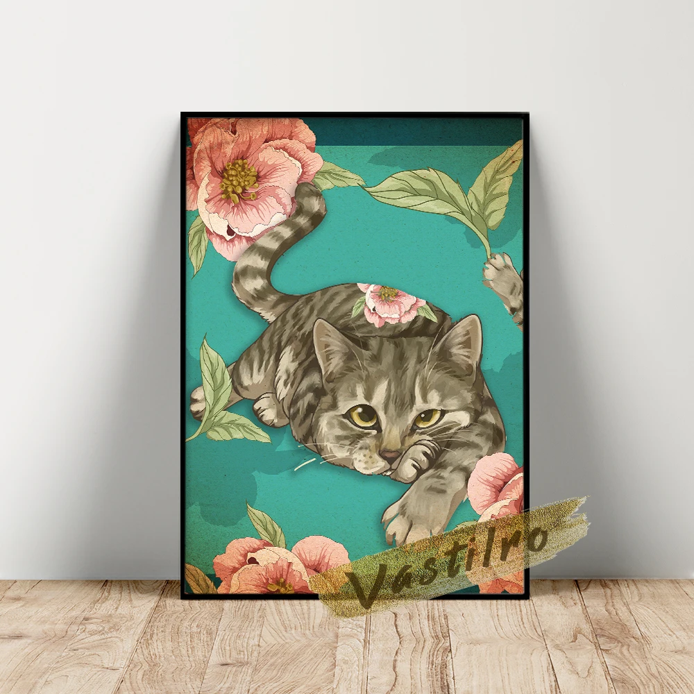 

Social Big Funny Kitty Poster Altered Classic Art Prints Flower Illustration Wall Decor Canvas Painting Bedroom Home Decorate