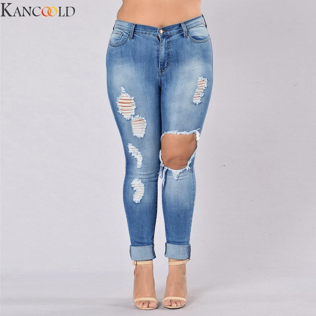 KANCOOLD обтягивающие джинсы Для женщин джинсовые брюки с дырками на коленях узкие брюки повседневные штаны Синие рваные, Стретч Джинсы Лидер продаж