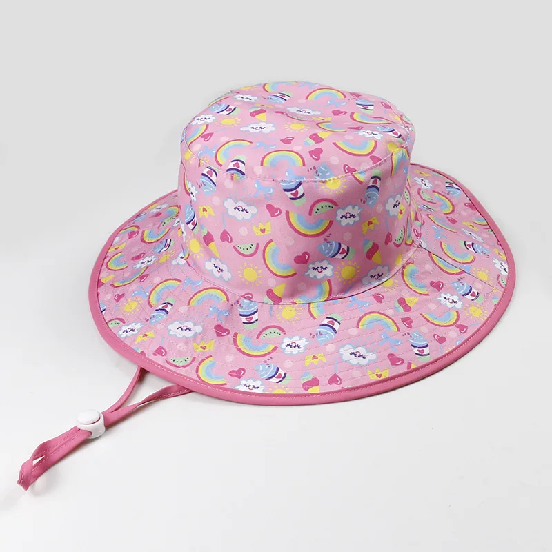 Фото Летняя шляпа для девочек Пляжная с широкими полями розовая Радужная защита от