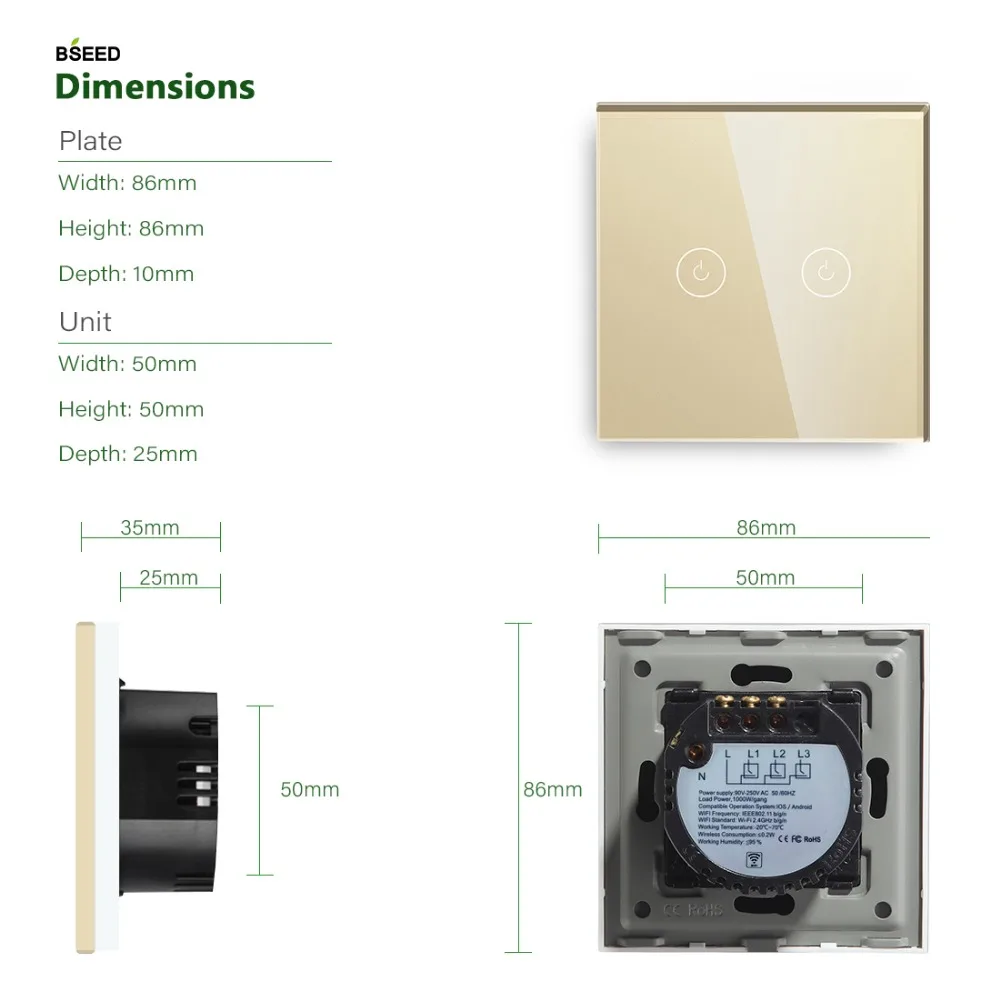 BSEED Light сенсорный переключатель Wifi 2 банды умный переключатель беспроводной wi-fi-переключатель белый черный золотой цвета поддержка для Tuya Google Smart