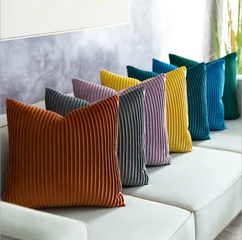 

Velvet Hand Pleat Striped Embroidery Cushion Cover Solid Yellow Home Decorative Pillow Cover Lumber Pillow Case 30x50cm