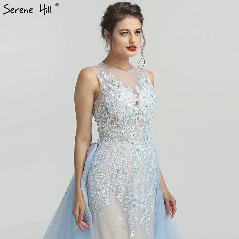 Вечернее платье Русалка, длинный светильник, голубая аппликация, без рукавов, тюль, вечернее платье, реальное изображение, Serene hilm LA6583