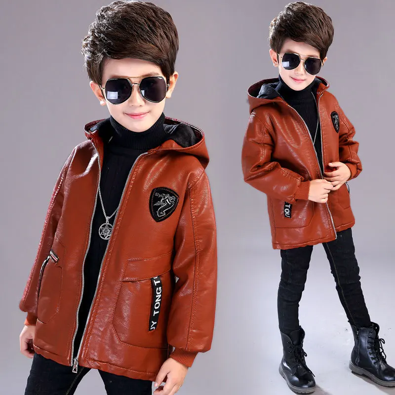 

Autumn Winter Boys Leather Jacket Children's Hooded Thickening Jacket 2Kid Long Version Plus Velvet Warm Coat