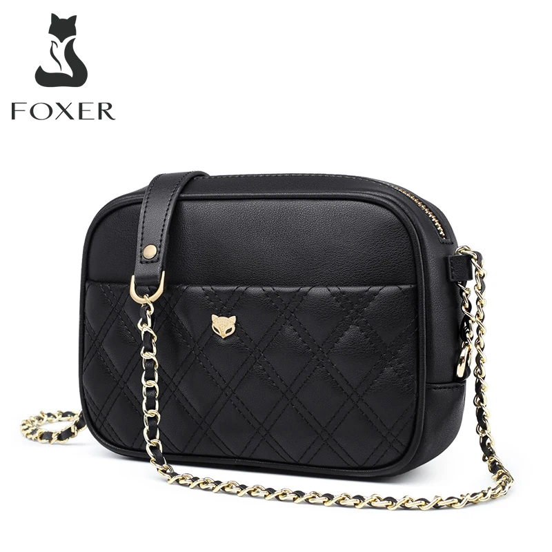 Офисная Женская сумка FOXER из воловьей кожи Модный кросс боди саквояж на плечо с бриллиантами мягкий черный