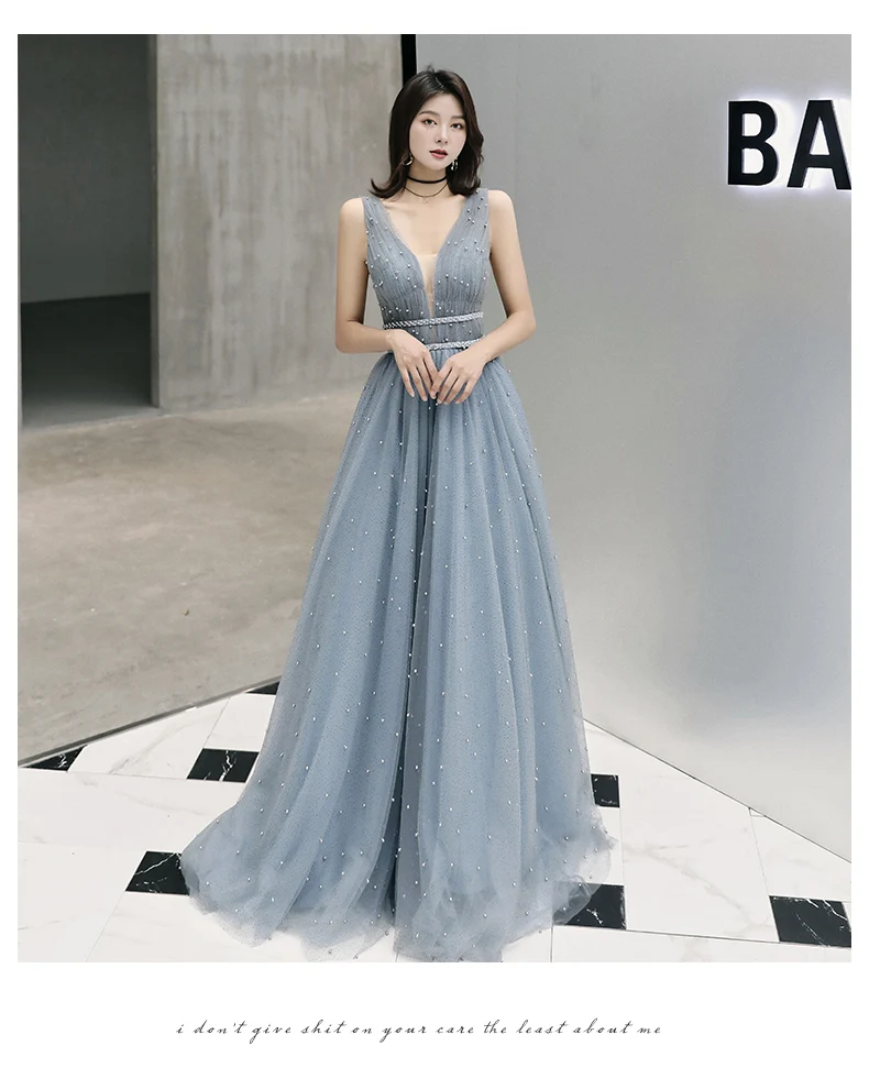 AE0131 wei yin настоящая фотография серый V вечерние платья с круглым вырезом 2019 без рукавов с жемчугом модное сексуальное элегантное вечернее